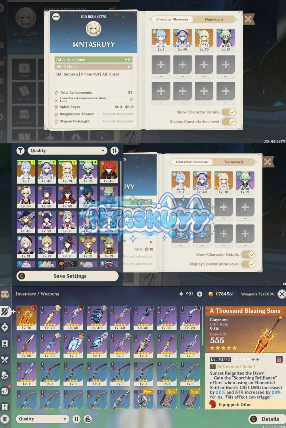 ASIA | AR 48 | Odette + Yumemizuki + Diluc + Weap Mavuika | Unset All | Lumine