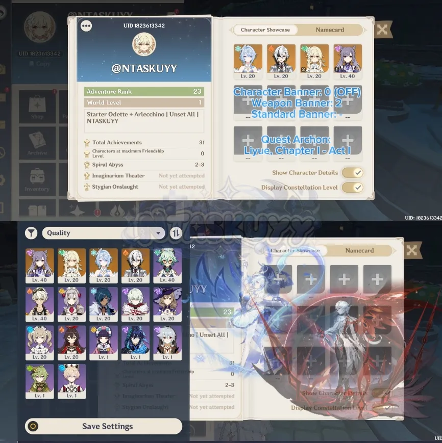 ASIA | AR 23 | Starter Odette + Arlecchino + Keqing C1 | Unset All | Lumine #98