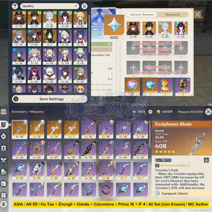ASIA | AR 55 | Hu Tao + Zhongli + Odette + Columbina + Primo 1K + IF 4 | All Set | MC Aether