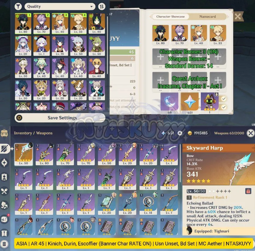 ASIA | AR 45 | Kinich, Durin, Escoffier (Banner Char Rate ON) | Usn Unset, Bd Set | MC Aether