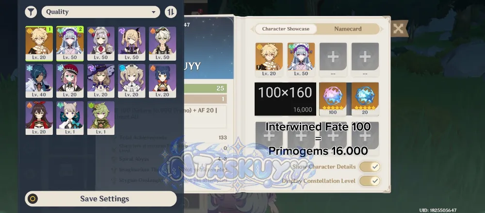 ASIA | AR 25 | Akun Gacha (IF 100 = Setara 16.000 Primo + AF 20) + Mizuki | Unset All | MC Aether