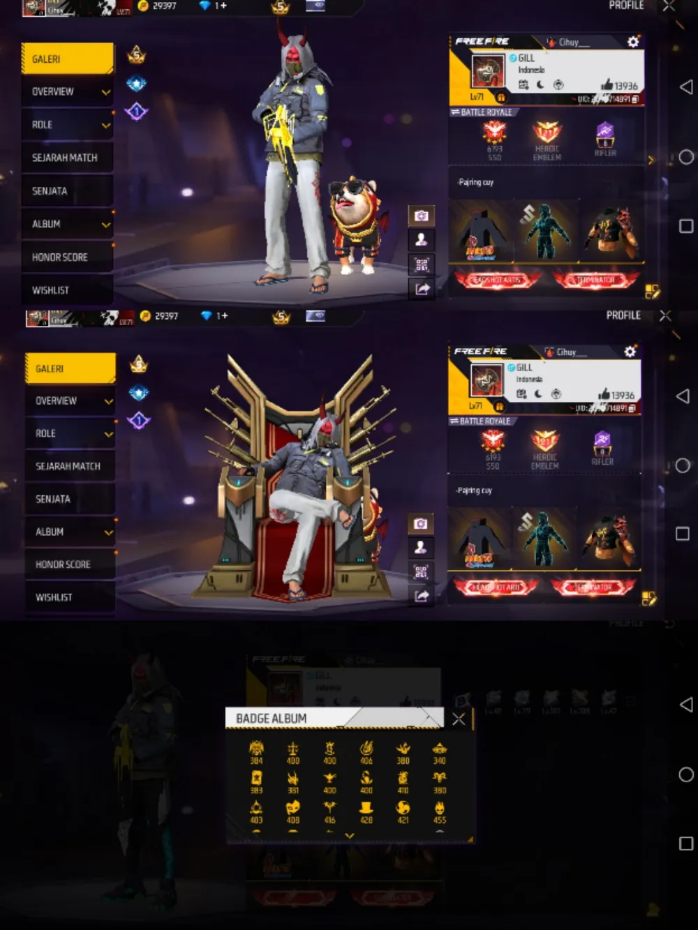 Prime 5 tw 6 | Semi old Level 71 | Vault 570+ | Set Budi 01 | Emote duduk ffws old