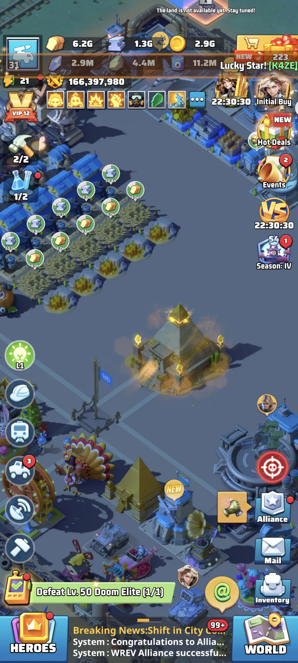 lw088 | 170m power | vip 12| hq 31 | s1240 | 18 ur heoers | 34,8m squad |castle skin