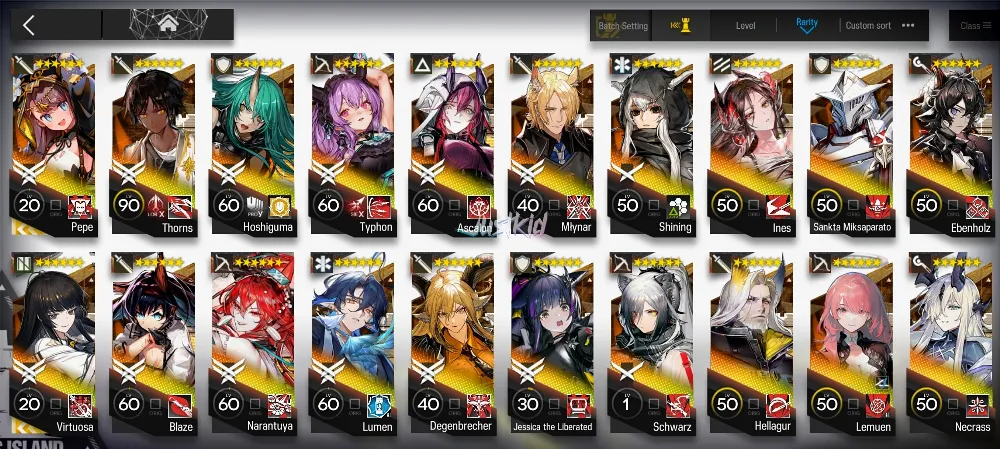 ARKNIGHTS GLOBAL MIDGAME 22*6 , 2 LIMITED VIRTUOSA,PEPE , TYPHON,NECRASS,ASCALON,MLYNAR,LEMUEN,INES