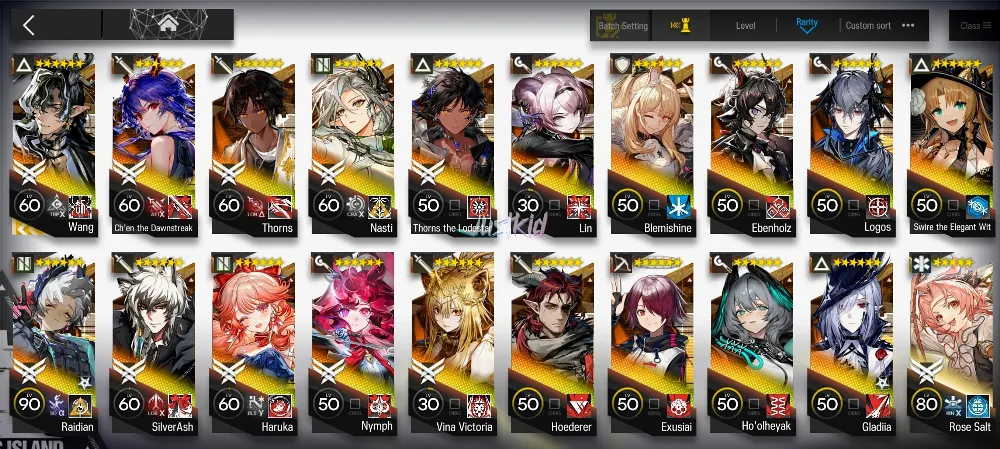 ARKNIGHTS GLOBAL EARLYMID 19*6 , LIMITED WANG , HARUKA,LOGOS,CHEN DAWNSTREAK,NYMPH,NASTI,THORN,VINA