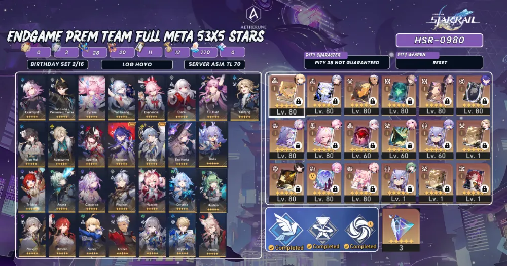 ASIA TL70|FMC|Evanescia S1+Yao Guang+Castorice S1+Phainon S1+Evernight+Cyrene+Hyacine S1+Cerydra|80