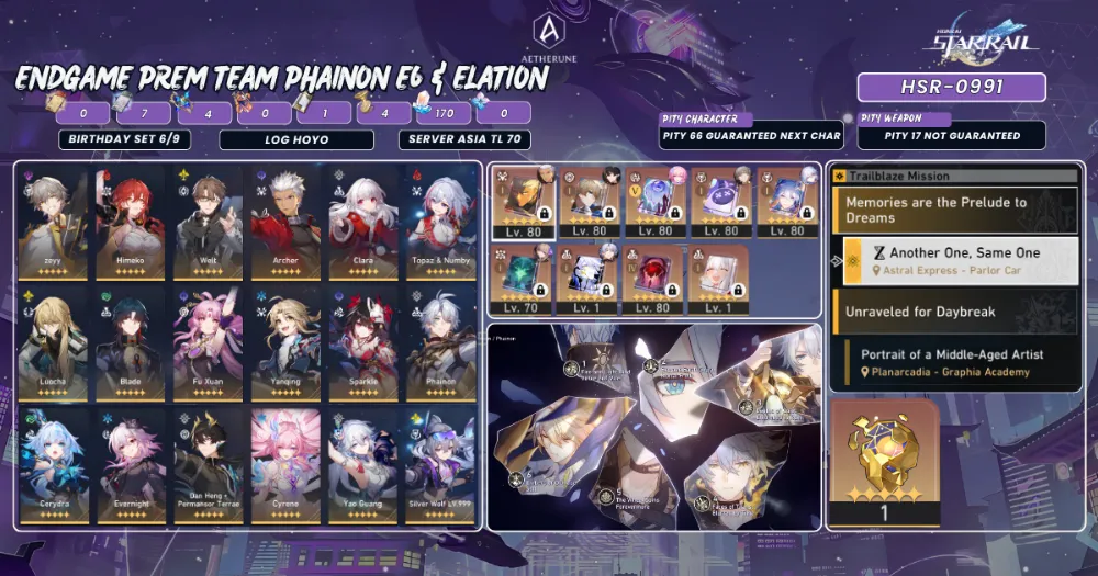 ASIA TL70|MMC|Phainon E6 S1+Silver Wolf 999+Yao Guang+Dan Heng PT+Evernighht+Cerydra+Cyrene,etc|91
