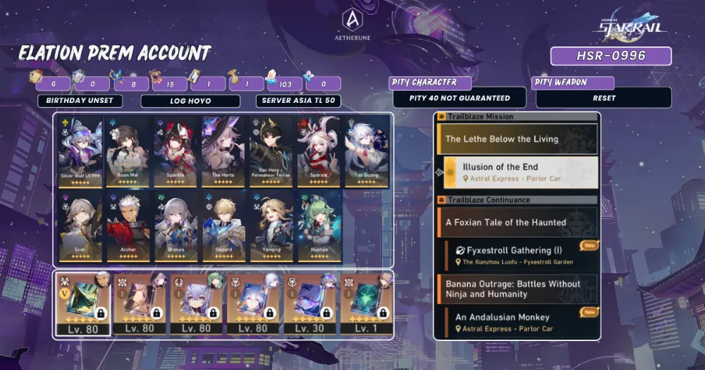 ASIA TL70|FMC|Elation Prem|Silver Wolf 999 S1+Yao Guang+Sparxie+Sparkle+Dan Heng PT+Huohuo,etc|96