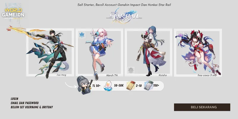 [Asia] Account Reroll Honkai Star Rail 56.000-58.000 jade Mc Female