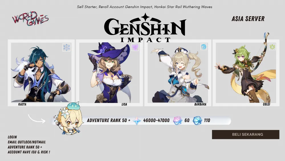 [Asia] Account Reroll 46-47k Primogem IF 60 AF 110+ Adventure Rank 50 | FEMALE