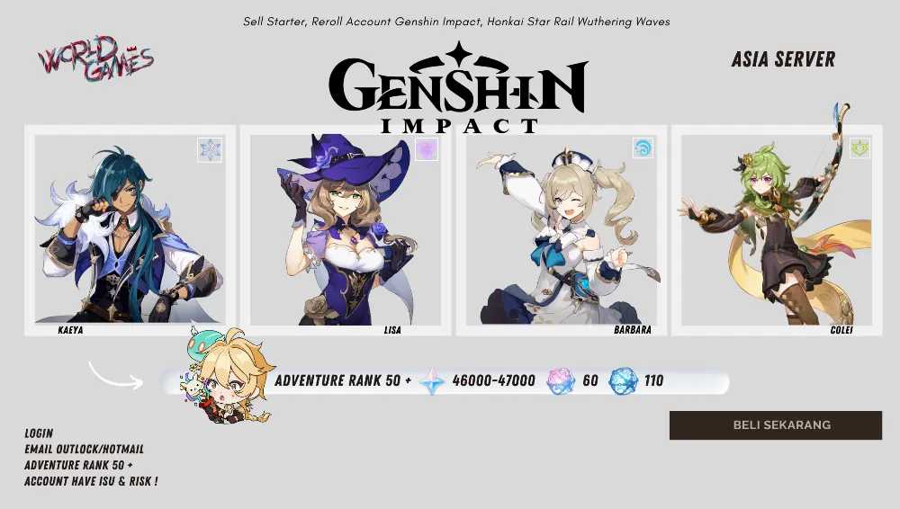 [Asia] Account Reroll 46-47k Primogem IF 60 AF 110+ Adventure Rank 50 | MALE