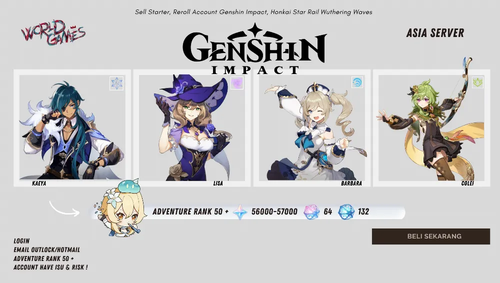 [Asia] Account Reroll 56-57k Primogem IF 63 AF 110+ Adventure Rank 50 | FEMALE