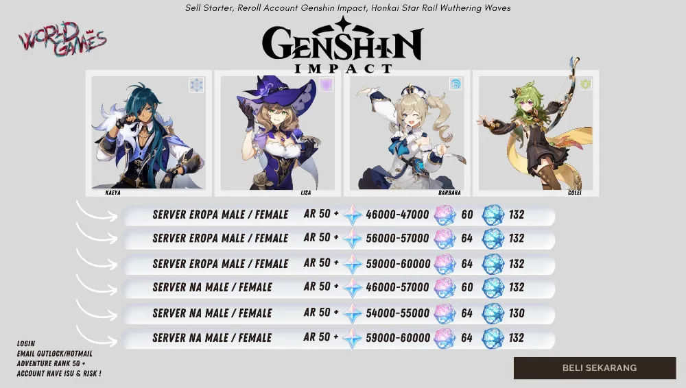 [Asia] Account Reroll Genshin Impact Adventure Rank 50+