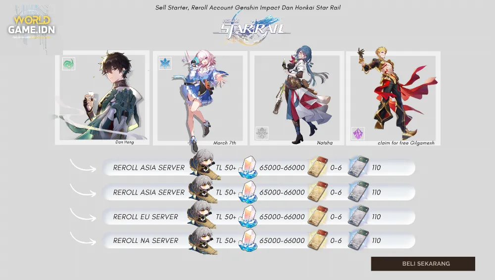 Account Reroll Honkai Star Rail TL 50+