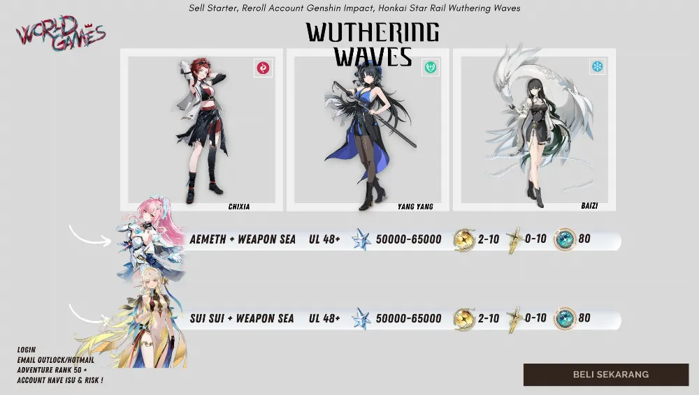 [SEA Server] Akun Reroll Wuthering Waves Limit Karakter + Weapon