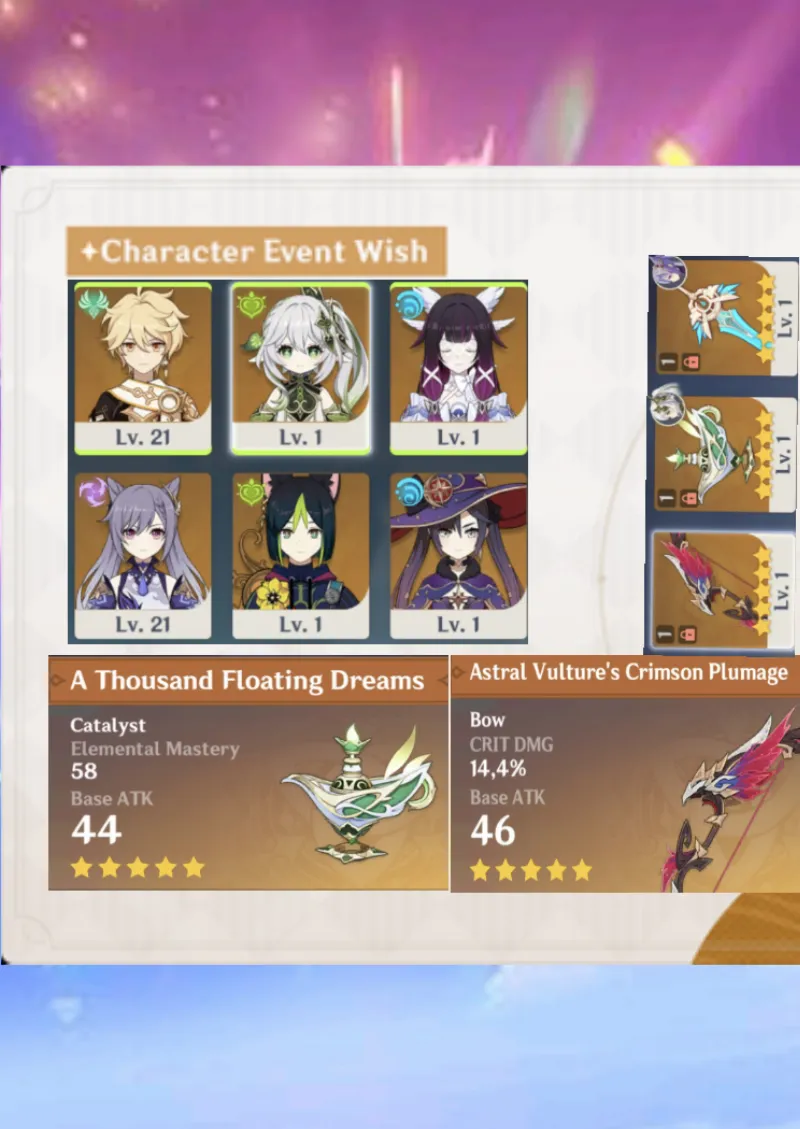 (ASIA) Nahida (Weapon) + Columbina + 3 standard | AR19 | Starter MC Male