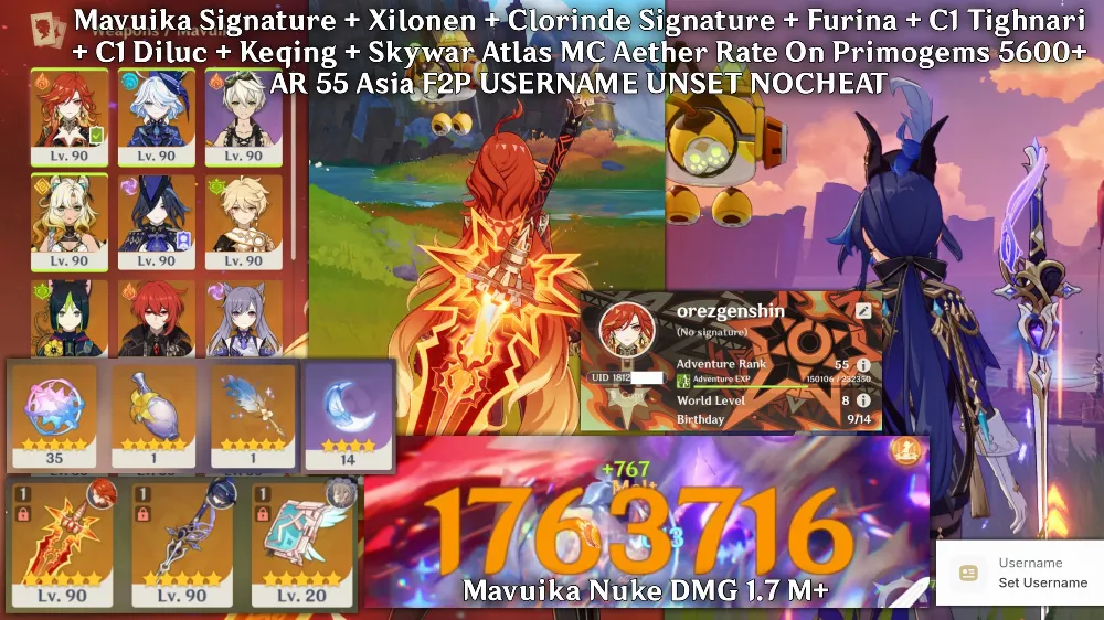 Mavuika Signature, Xilonen, Clorinde Signature, Furina Etc | User Unset | Primogems 5600+