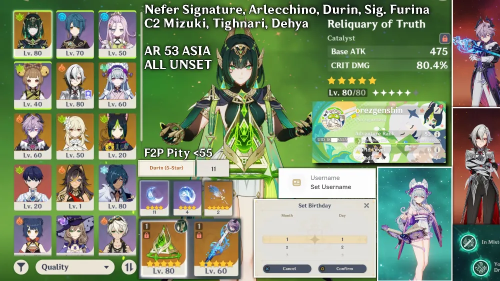 Nefer Signature, Arlecchino, Durin, Sig. Furina, C2 Mizuki Etc. | All Unset (User+BD) | Asia