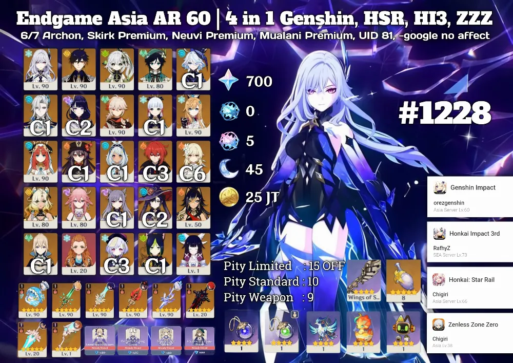 4 IN 1 Genshin HSR HI3 ZZZ | AR 60 ASIA, Premium Skirk, Neuvillate, Raiden, Mualani, Hutao, 6 Archon