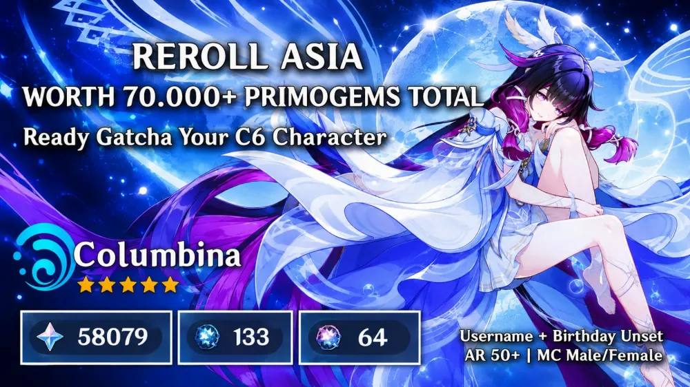Reroll Primogems Worth Total 70k+ Primogems | Server Asia/EU | All Unset | SK Berlaku
