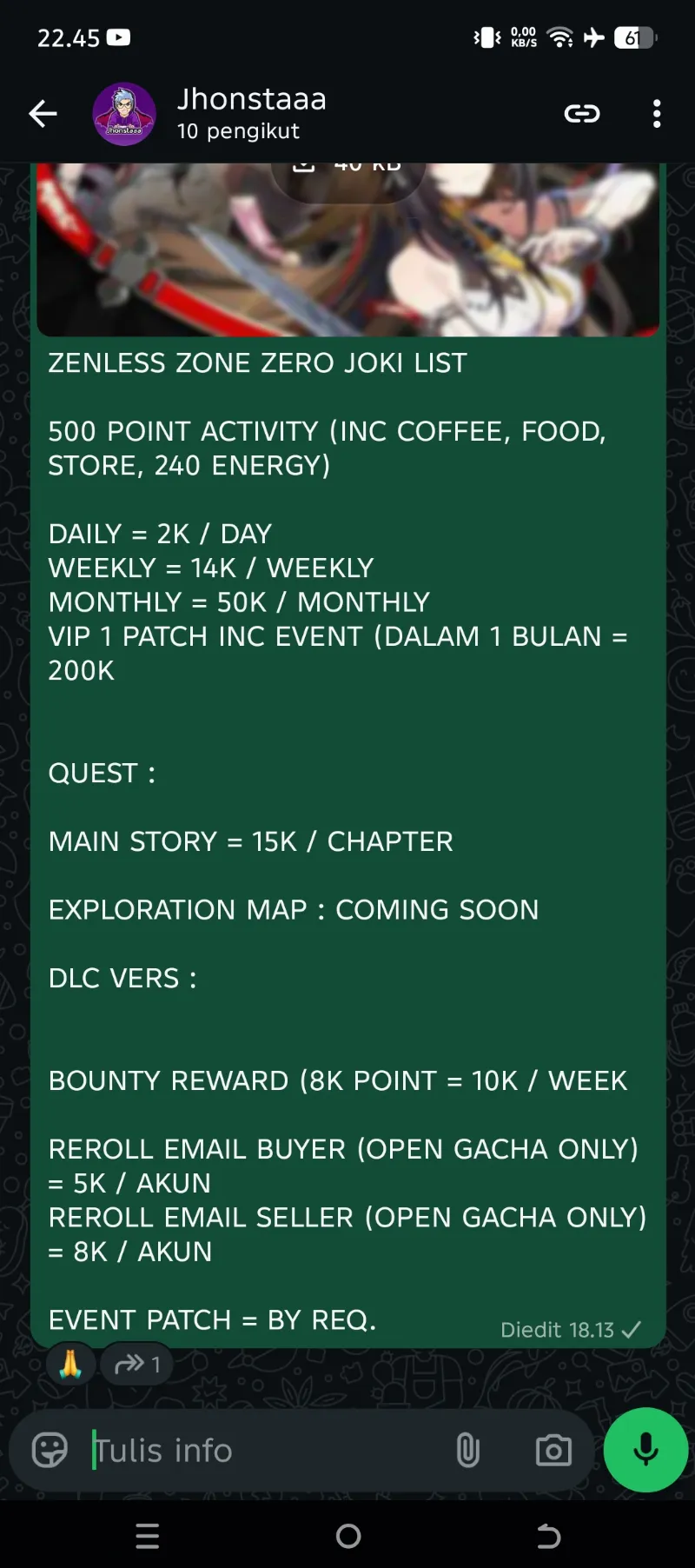 JOKI EVENT PER PATCH INC RAWAT AKUN 1 MONTH