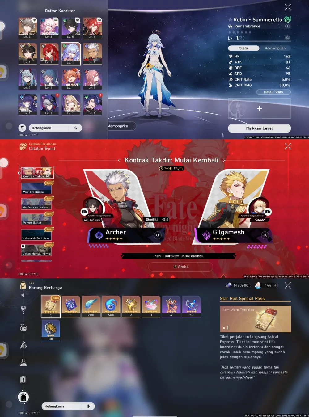 Robin SP, Arcer, Danheng PT, Selector collab, golden companion x2