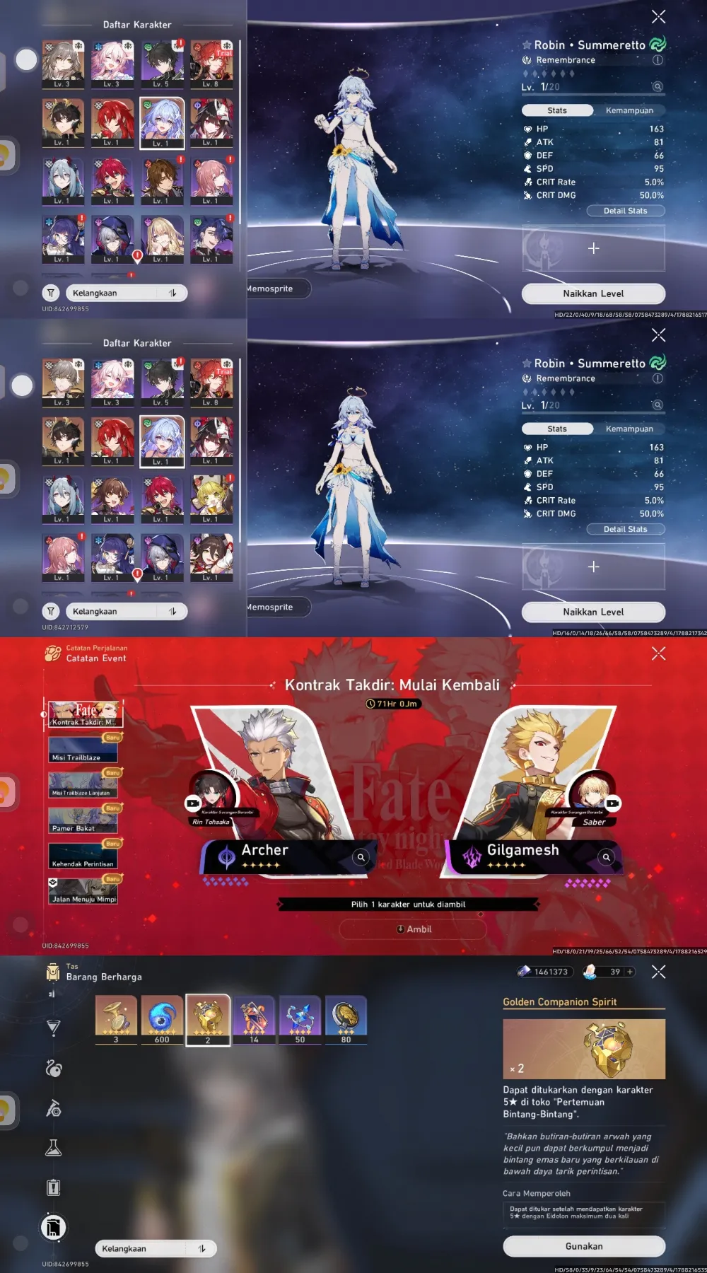 Robin SP, Sparkle, Danheng PT, selector collab, Golden companion x2