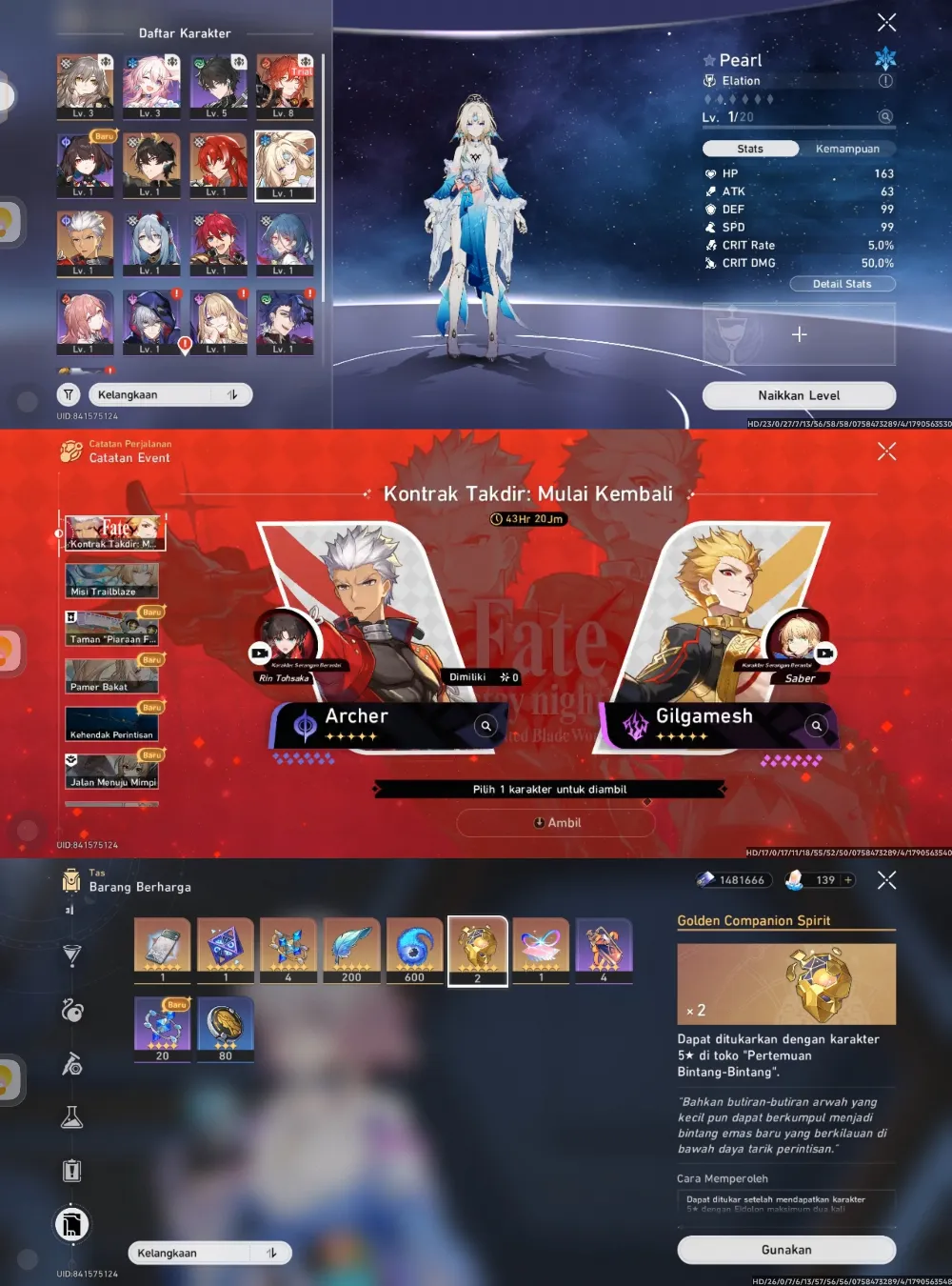 Pearl, Arcer, Danheng PT, Selector collab, golden companion x2