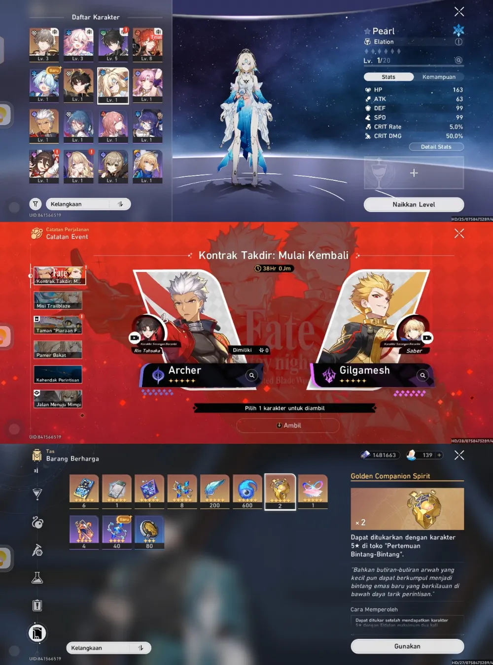Pearl, Arcer, Danheng PT, Selector collab, golden comapnion x2