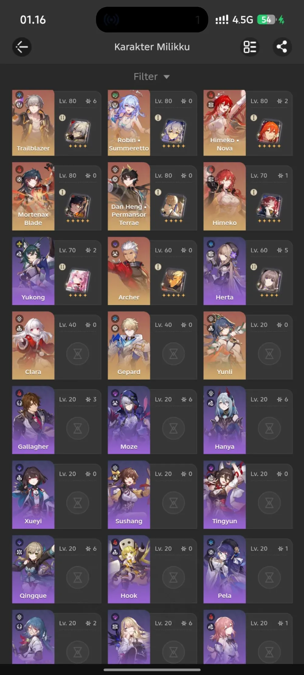TL 65, Himeko Nova E2 + sign, Robin SP + sign, Mortenax + sign, Arcer + Sign, Danheng PT, dll