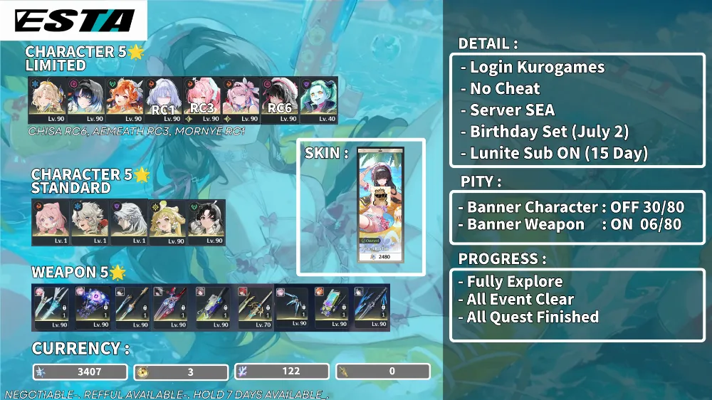 Akun Wuthering Wave | Endgame | 2 Team Premium | Chisa RC6, Aemeath RC3, Mornye RC1