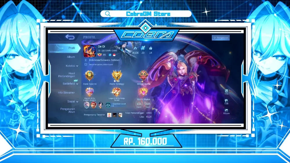 Akun Mobile Legends Skin 245 | Grand 1 | Exquisite 1 | Epic 22 | Special 55 | Common 152