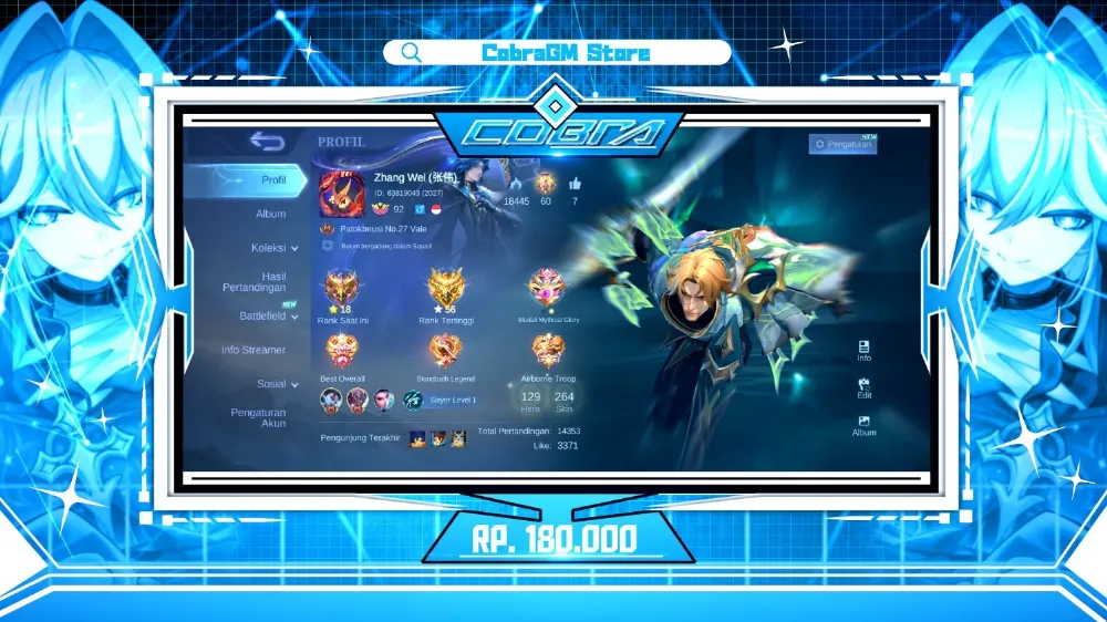 Akun Mobile Legends Skin 264 | Grand 2 | Exquisite 2 | Epic 35 | Special 56 | Common 155
