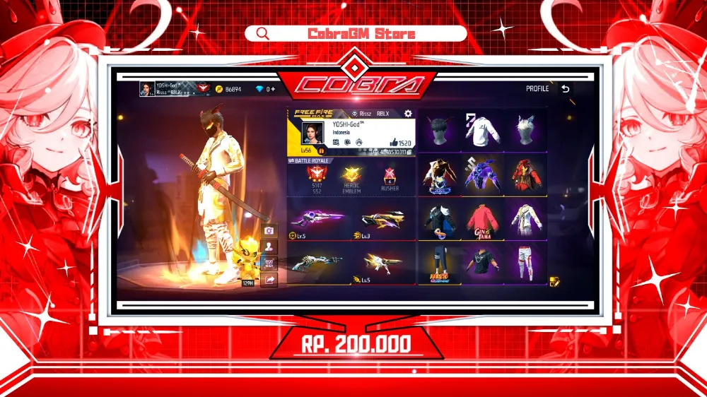 Akun Free Fire Vault 196 | Evo 9 | Solar Esclipe | Bunny | Naruto | Lord Baroque | Sg Lumut