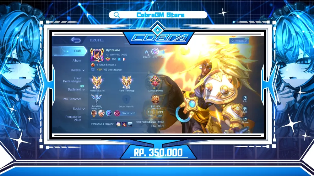 Akun Mobile Legends Skin 333 - Grand 3 - Exquisite 3 - Epic 39 - Special 68 - Common 204
