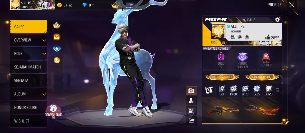 AKUN FREE FIRE LVL 60 | 2 SKIN SG | EVO GUN | EVO BUNDEL DLL