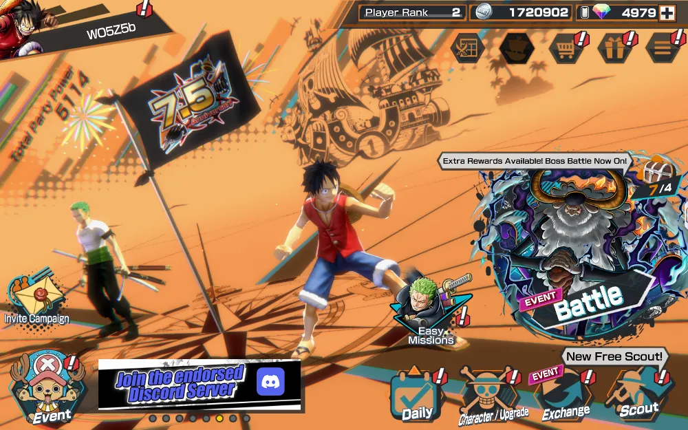 5000RD + 500-600GF | starter account one piece bounty rush [ANDROID]