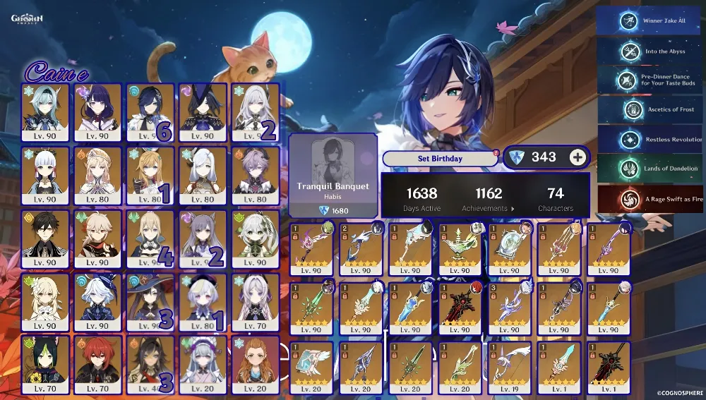 birthday unset.Yelan C6R2(+Outfit) + Skirk C2R3 + Escoffier C1R1 + Furina + Nahida R1+Raiden R1 dll