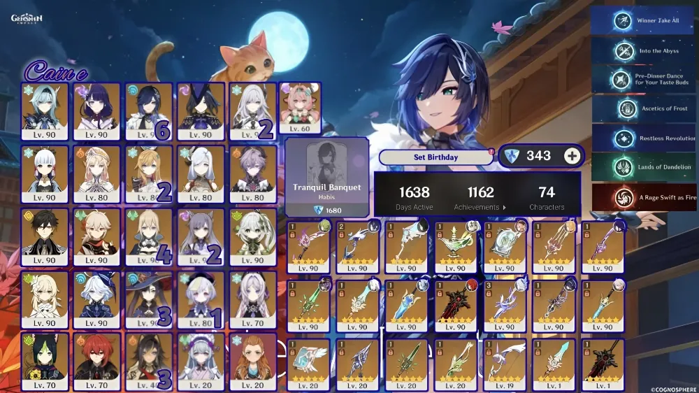 birthday unset.Yelan C6R2(+Outfit) + Skirk C2R3 + Escoffier C2R1 + Furina + Nahida R1+Raiden R1 dll