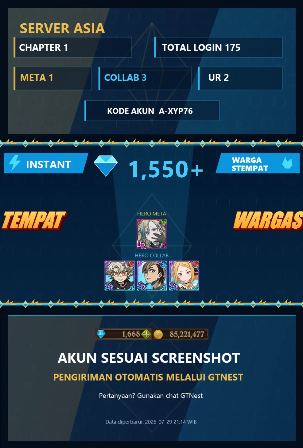 ASIA 1750+💎 | SALLOS | A-XYP76 | AKUN GACHA STARTER TIMBUNAN 7DS