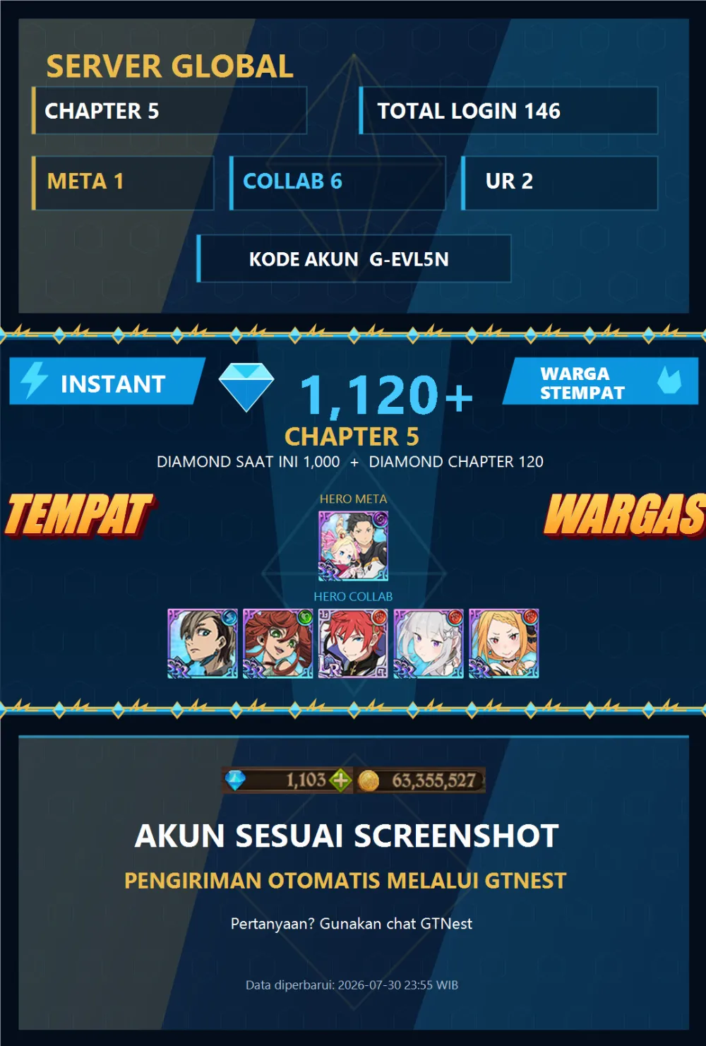GLOBAL 1120💎 | SUBARU BEATRICE RE ZERO | G-EVL5N | AKUN CHAPTER 5 7DS