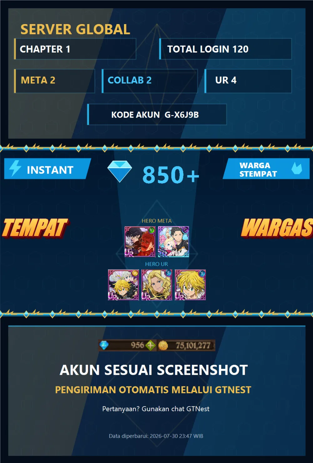 GLOBAL 850💎 | SUBARU BEATRICE MENOR | G-X6J9B | AKUN GACHA STARTER TIMBUNAN 7DS