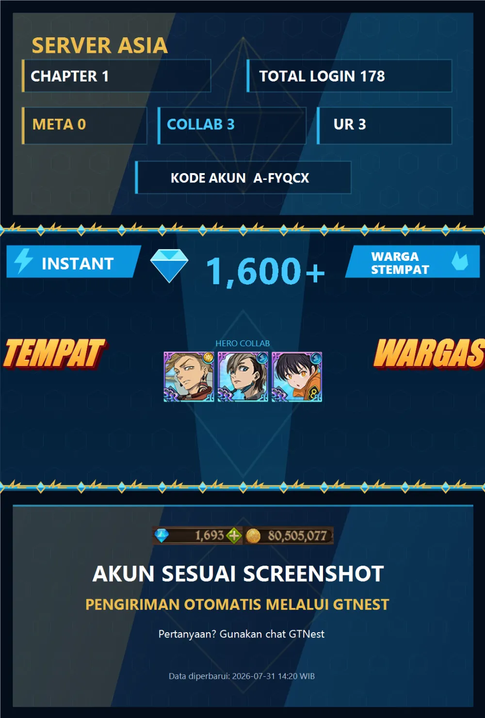 ASIA 1600💎 | ENJIN TAMAKI | A-FYQCX | AKUN GACHA STARTER TIMBUNAN 7DS