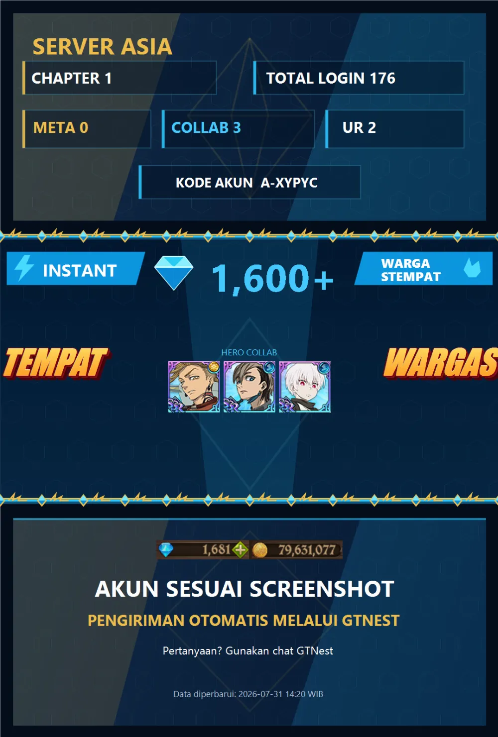 ASIA 1600💎 | ENJIN SHO | A-XYPYC | AKUN GACHA STARTER TIMBUNAN 7DS