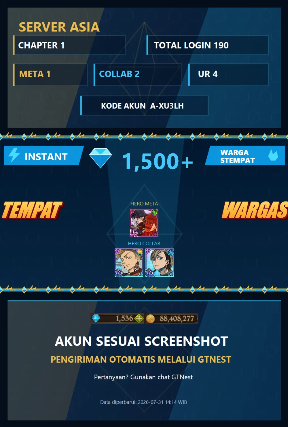 ASIA 1500💎 | MENOR ENJIN | A-XU3LH | AKUN GACHA STARTER TIMBUNAN 7DS
