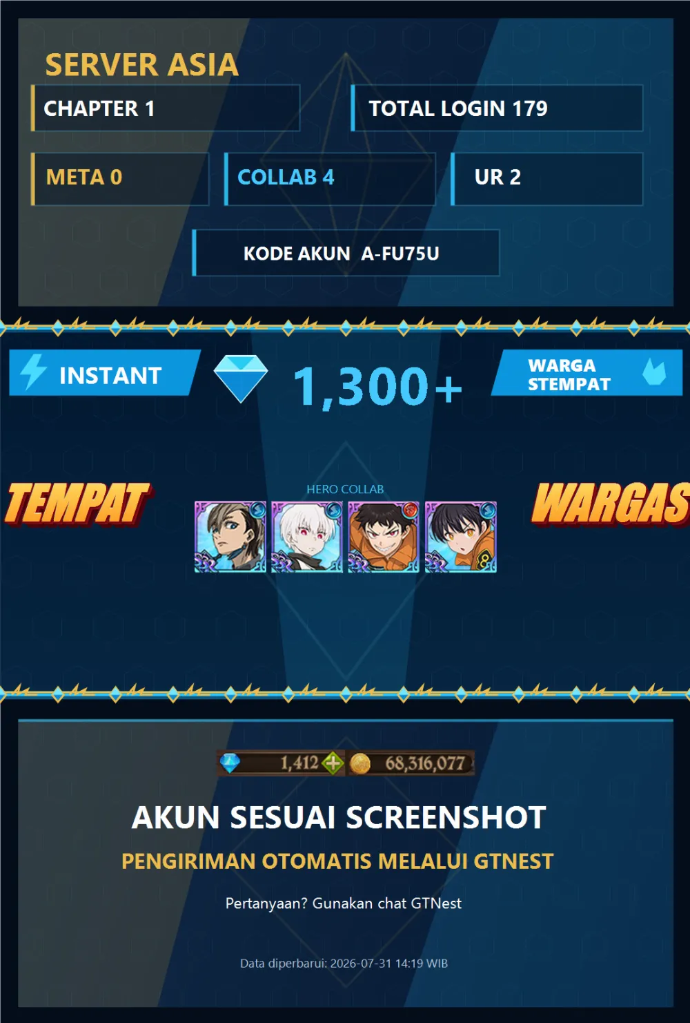 ASIA 1300💎 | SHO SHINRA TAMAKI FIRE FORCE | A-FU75U | AKUN GACHA STARTER TIMBUNAN 7DS