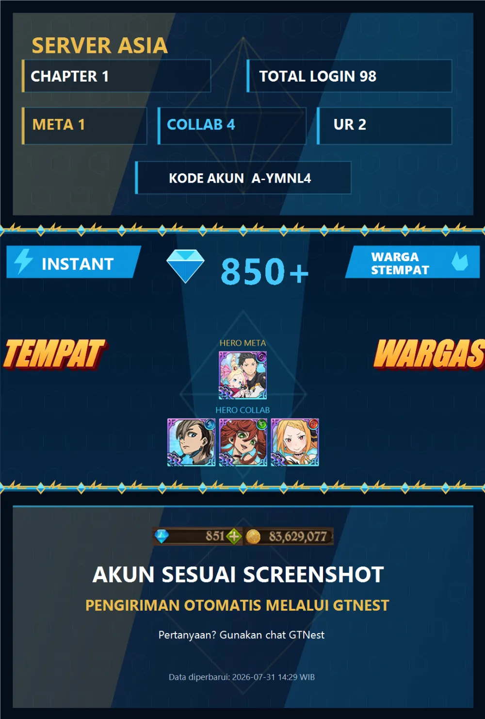 ASIA 850💎 | SUBARU BEATRICE RE ZERO | A-YMNL4 | AKUN GACHA STARTER TIMBUNAN 7DS