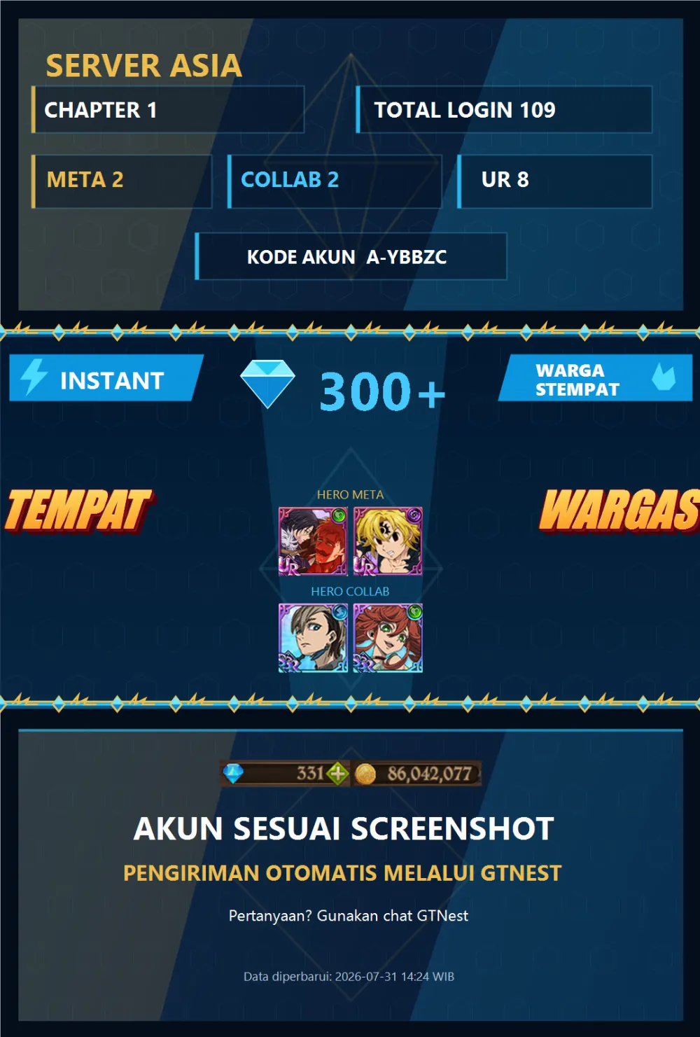 ASIA 300💎 | NEMESIS MELIODAS MENOR | A-YBBZC | AKUN GACHA STARTER TIMBUNAN 7DS