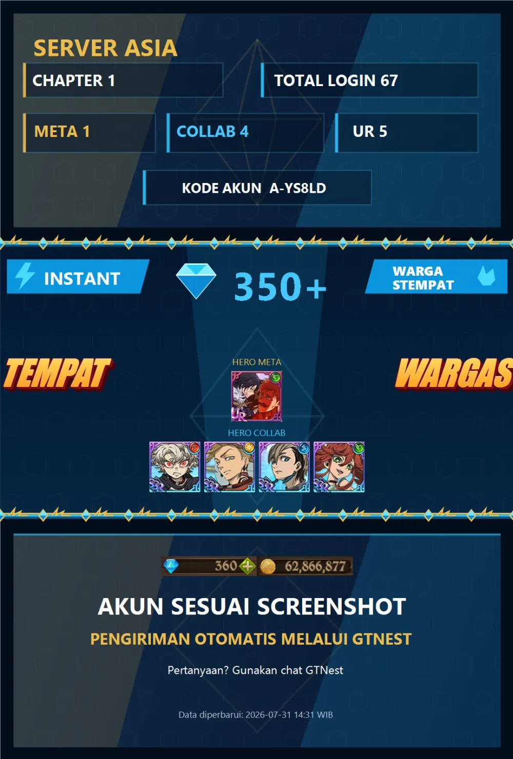 ASIA 350💎 | MENOR GACHIAKUTA | A-YS8LD | AKUN GACHA STARTER TIMBUNAN 7DS
