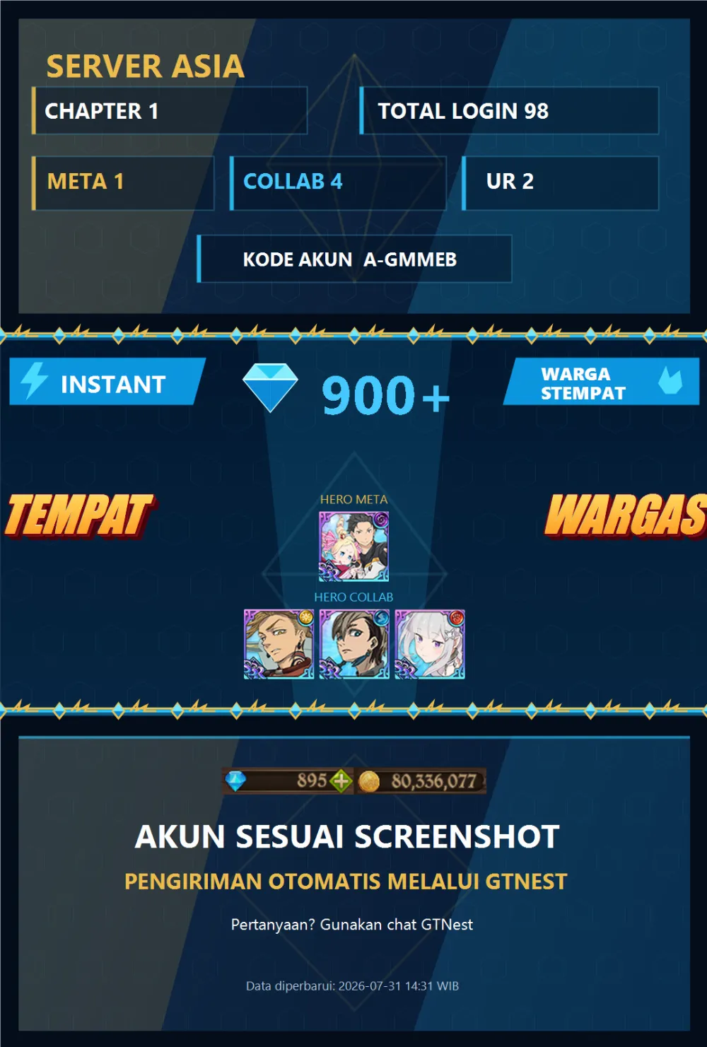 ASIA 900💎 | SUBARU BEATRICE EMILIA ENJIN | A-GMMEB | AKUN GACHA STARTER TIMBUNAN 7DS
